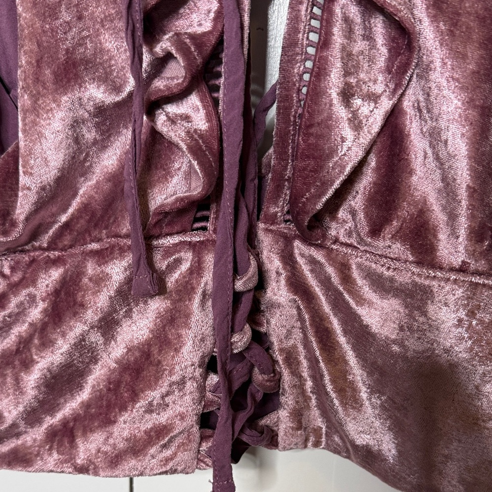 Free People Lilian Velvet Lace Up Back Ruffle Crop Top Lavender - Picture 6 of 7